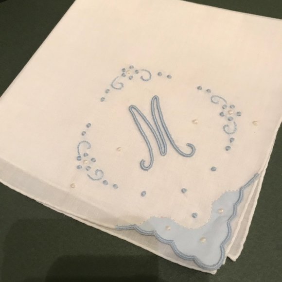 Monogram "M" Handkerchief, Embroidered Blue "M" - Picture 4 of 4
